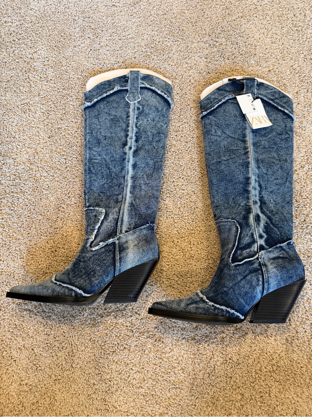 Zara Distressed Blue Denim Western Knee-High Boots